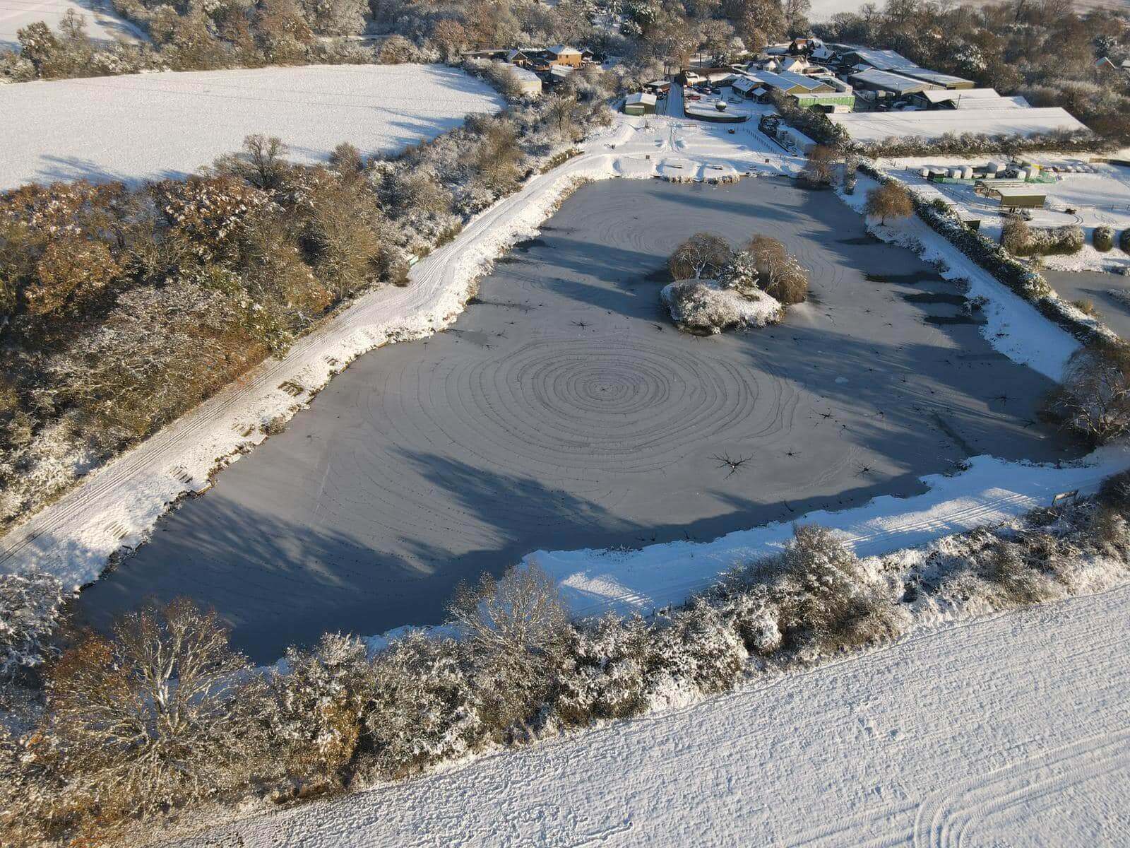 Aerial shot of main lake in winter